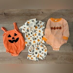 Lot of 3 fall/halloween outfits size 6-12 months worn once new condition